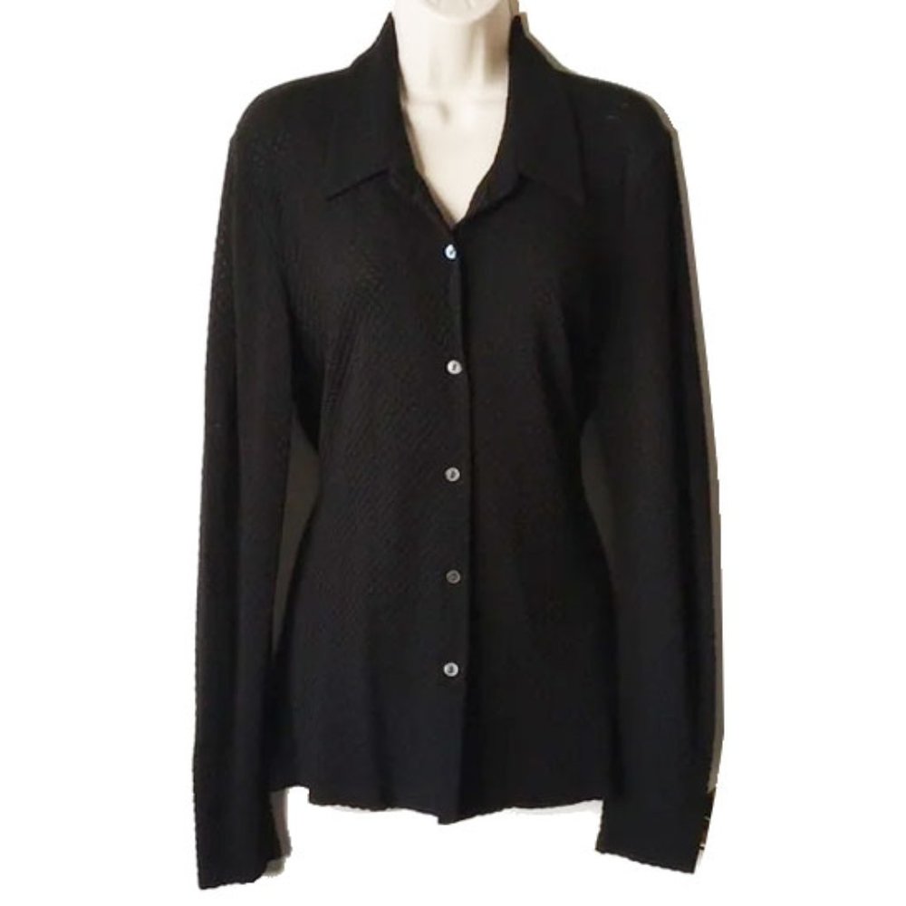 DKNY Dot-Textured Stetch-Knit Button-Down Long Sleeve Blouse L MADE IN USA
